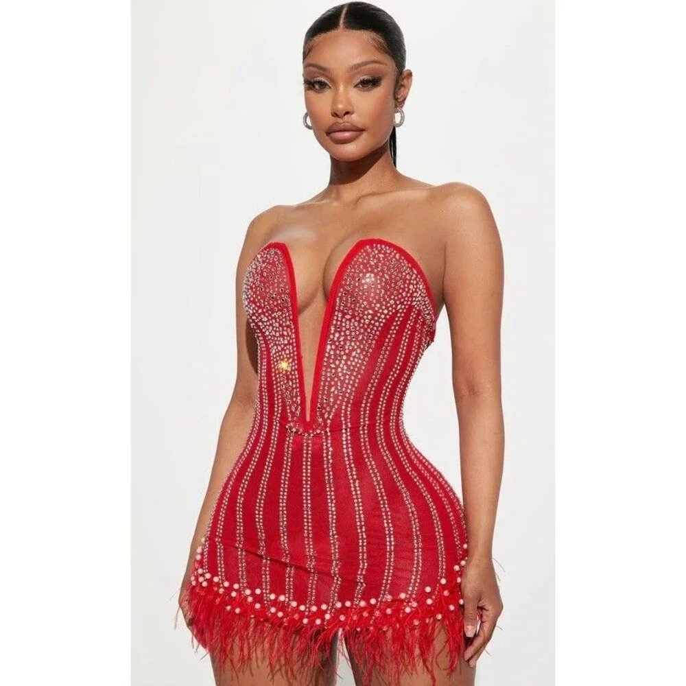 Fashion Nova NWT Glammed Up Embellished Red Mini Dress Misses Size Large - Picture 2 of 11